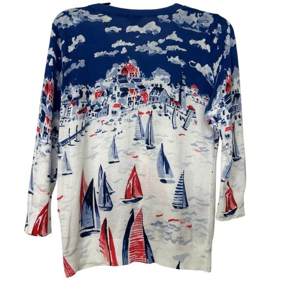 Talbots Nautical Sailboat Regatta Cotton Cardigan Sweater Novelty Resort M - Picture 2 of 9